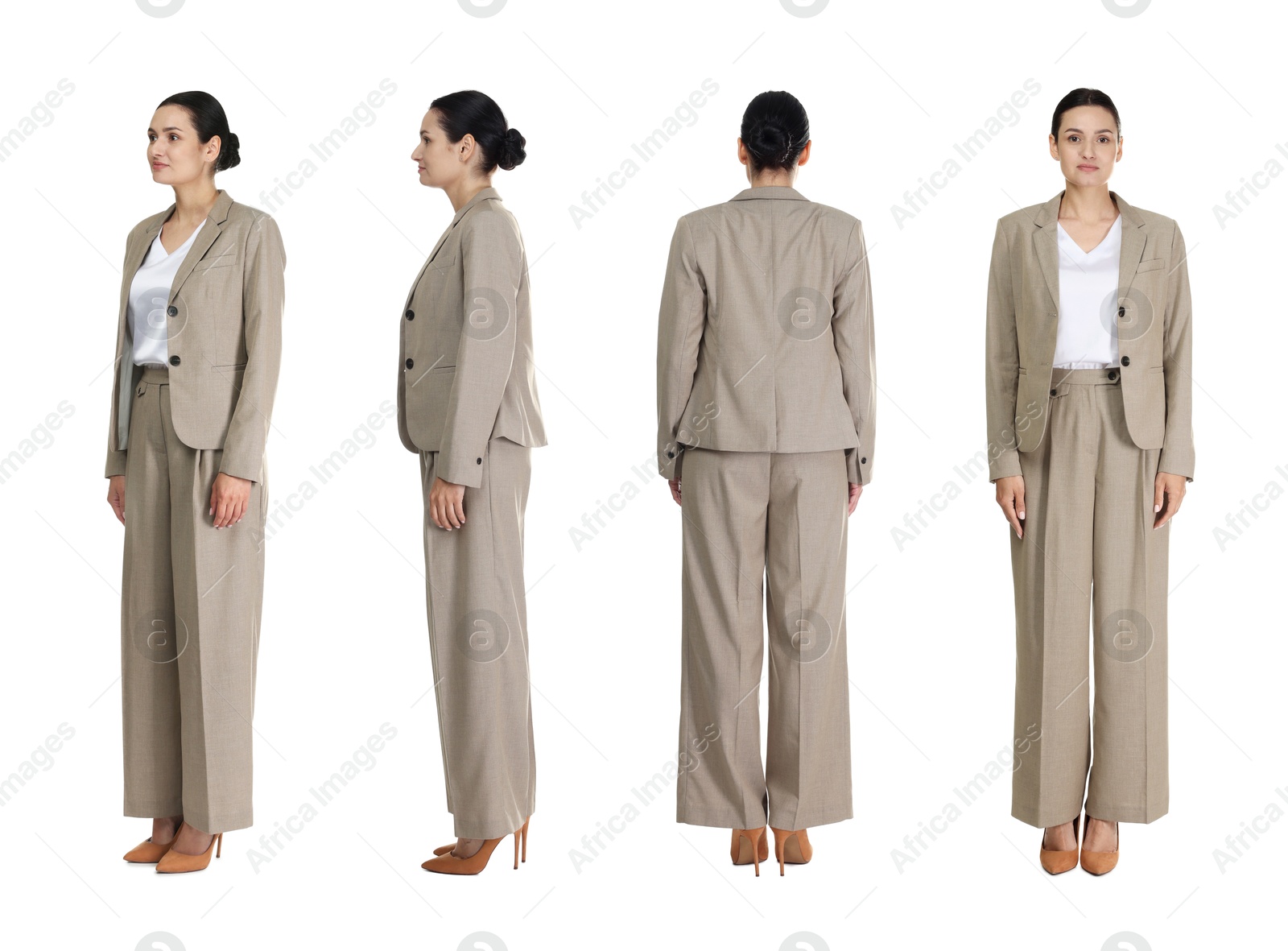Beautiful woman in stylish grey suit on white background, collage. View from different sides Image of Beautiful woman in stylish grey suit on white background, collage. View from different sides