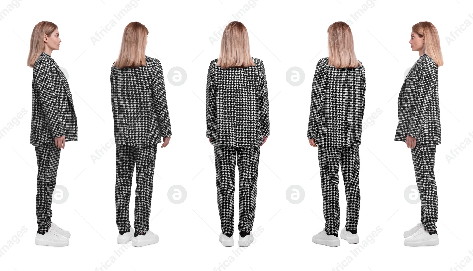 Beautiful woman in stylish suit on white background, collage. View from different sides Image of Beautiful woman in stylish suit on white background, collage. View from different sides