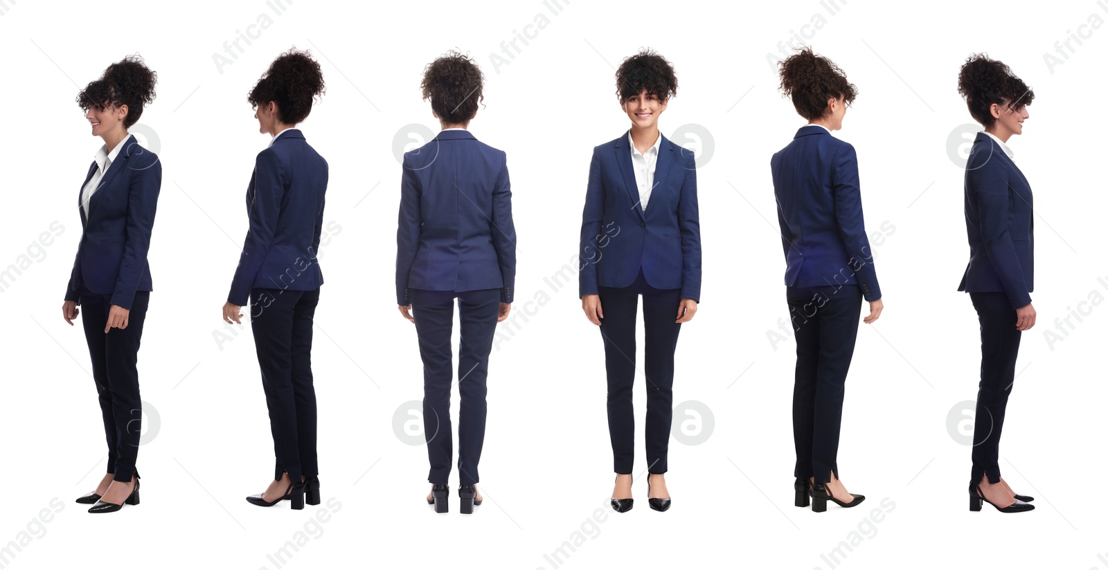 Beautiful woman in stylish suit on white background, collage. View from different sides Image of Beautiful woman in stylish suit on white background, collage. View from different sides