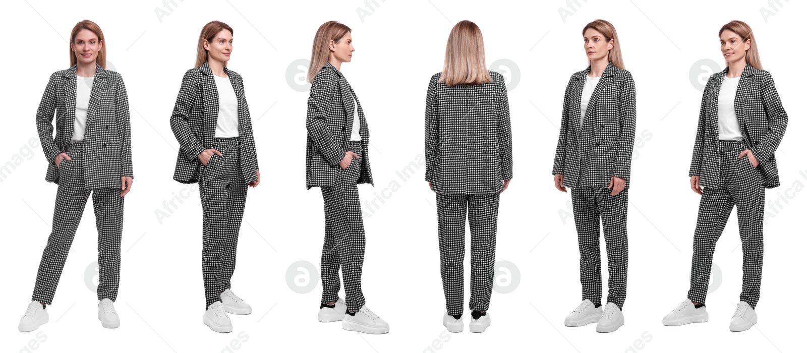 Image of Beautiful woman in stylish suit on white background, collage. View from different sides