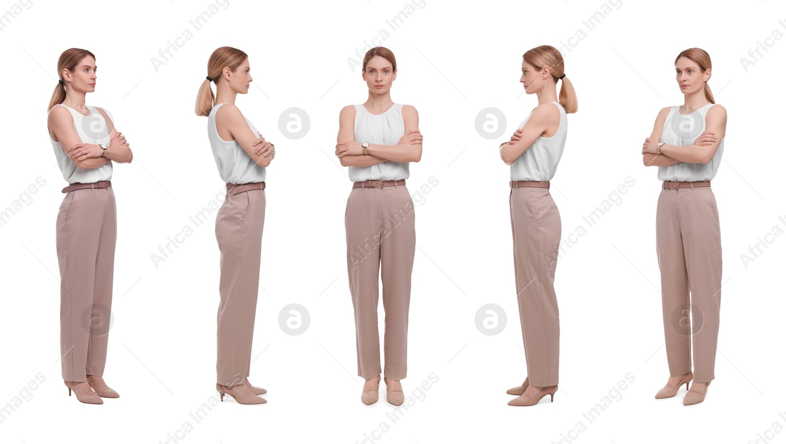 Image of Beautiful woman in elegant outfit on white background, collage. View from different sides