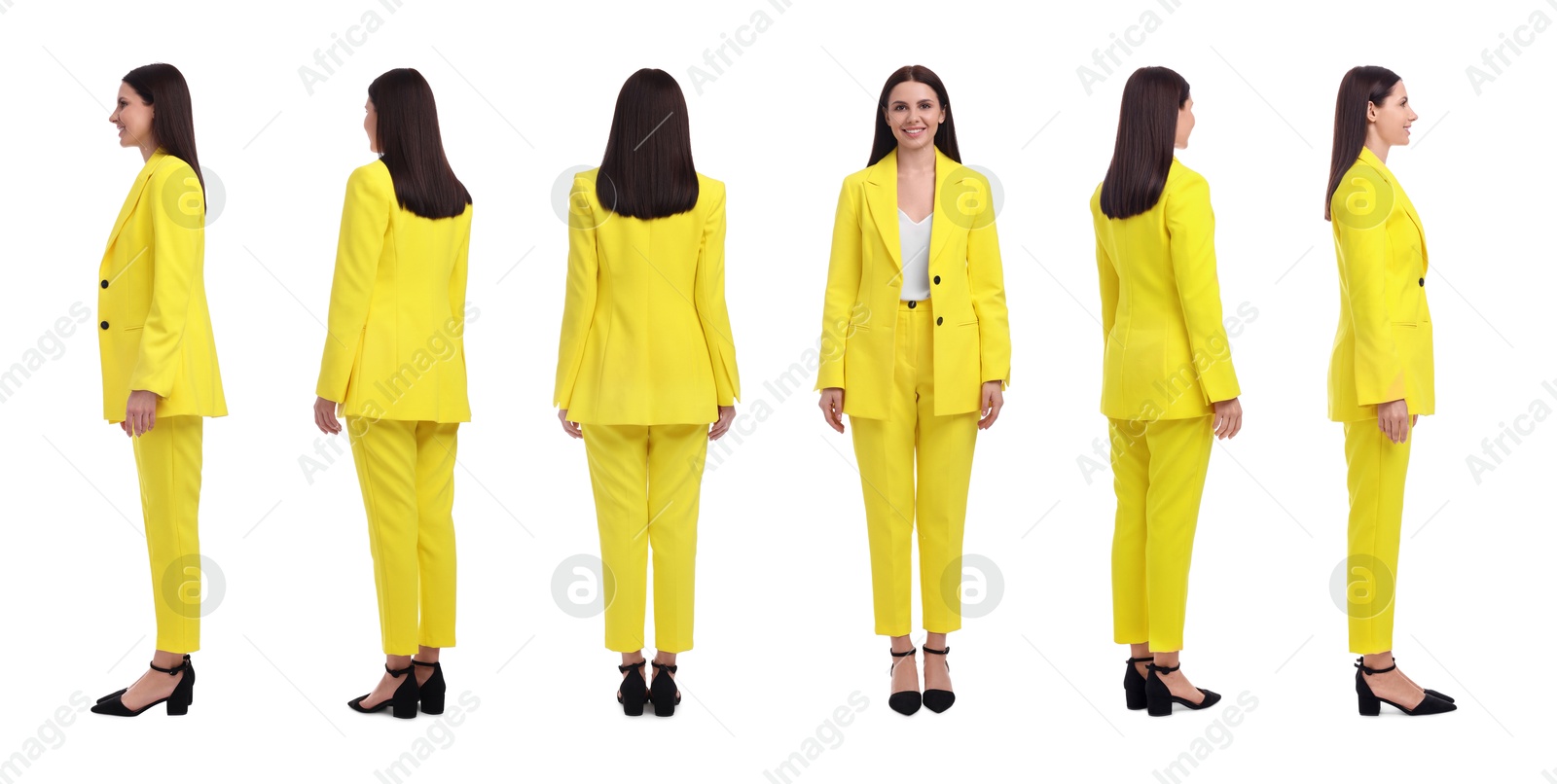 Beautiful woman in stylish yellow suit on white background, collage. View from different sides Image of Beautiful woman in stylish yellow suit on white background, collage. View from different sides