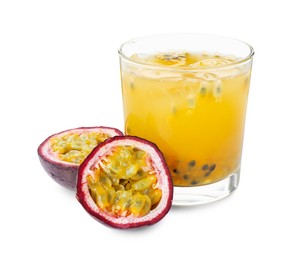 Photo of Tasty passion fruit drink and fresh fruits isolated on white