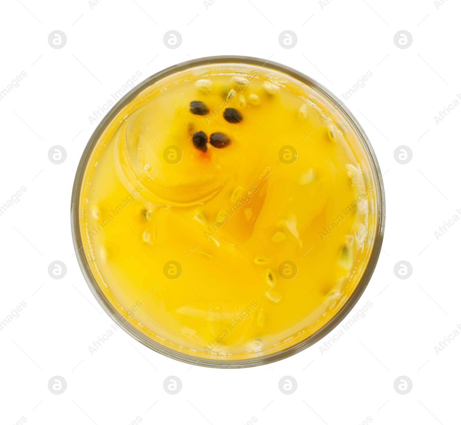 Photo of Tasty passion fruit drink isolated on white, top view