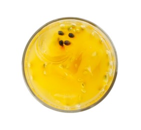 Photo of Tasty passion fruit drink isolated on white, top view