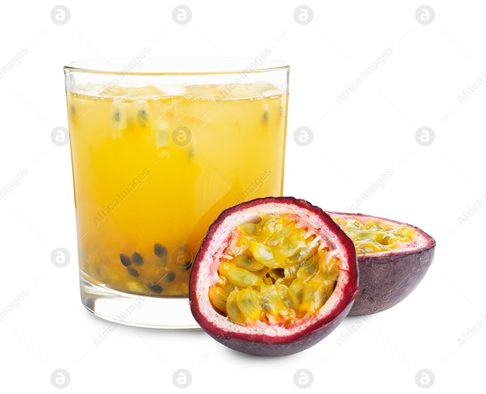 Photo of Tasty passion fruit drink and fresh fruits isolated on white
