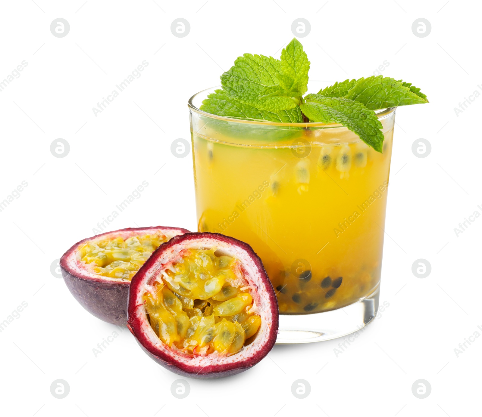 Photo of Tasty passion fruit drink with mint and fresh fruits isolated on white