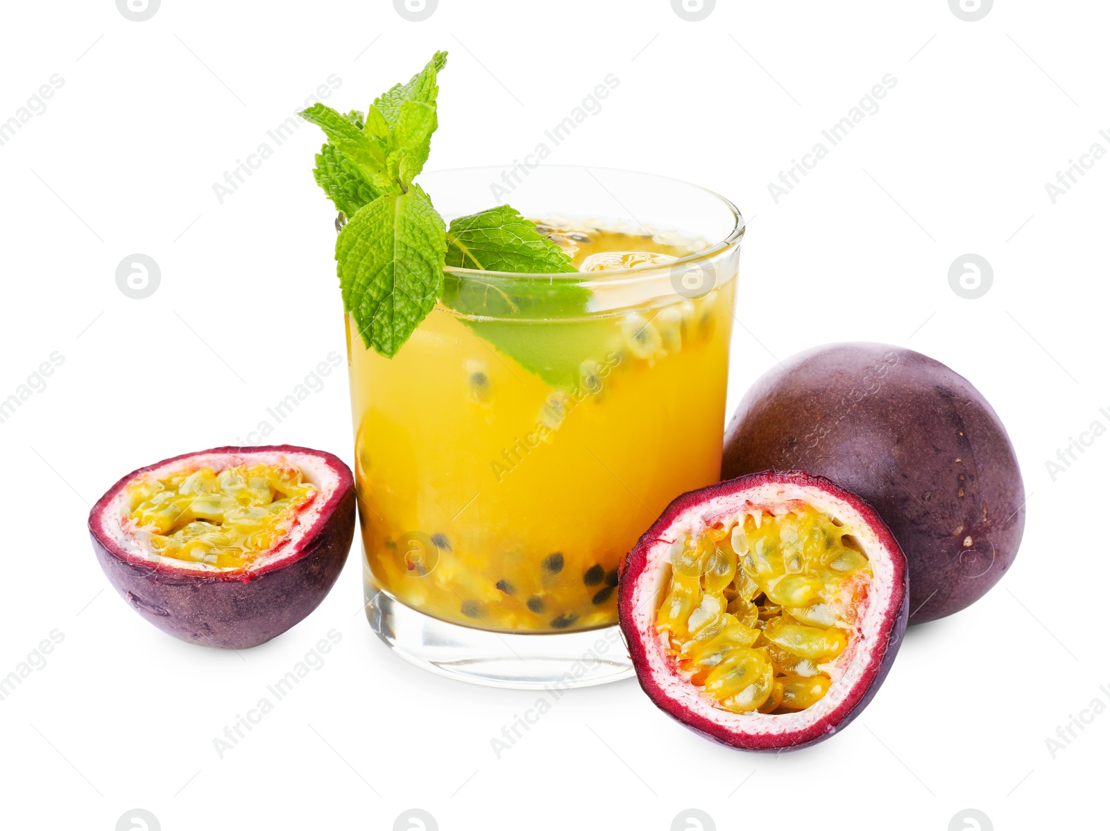 Tasty passion fruit drink with mint and fresh fruits isolated on white Photo of Tasty passion fruit drink with mint and fresh fruits isolated on white