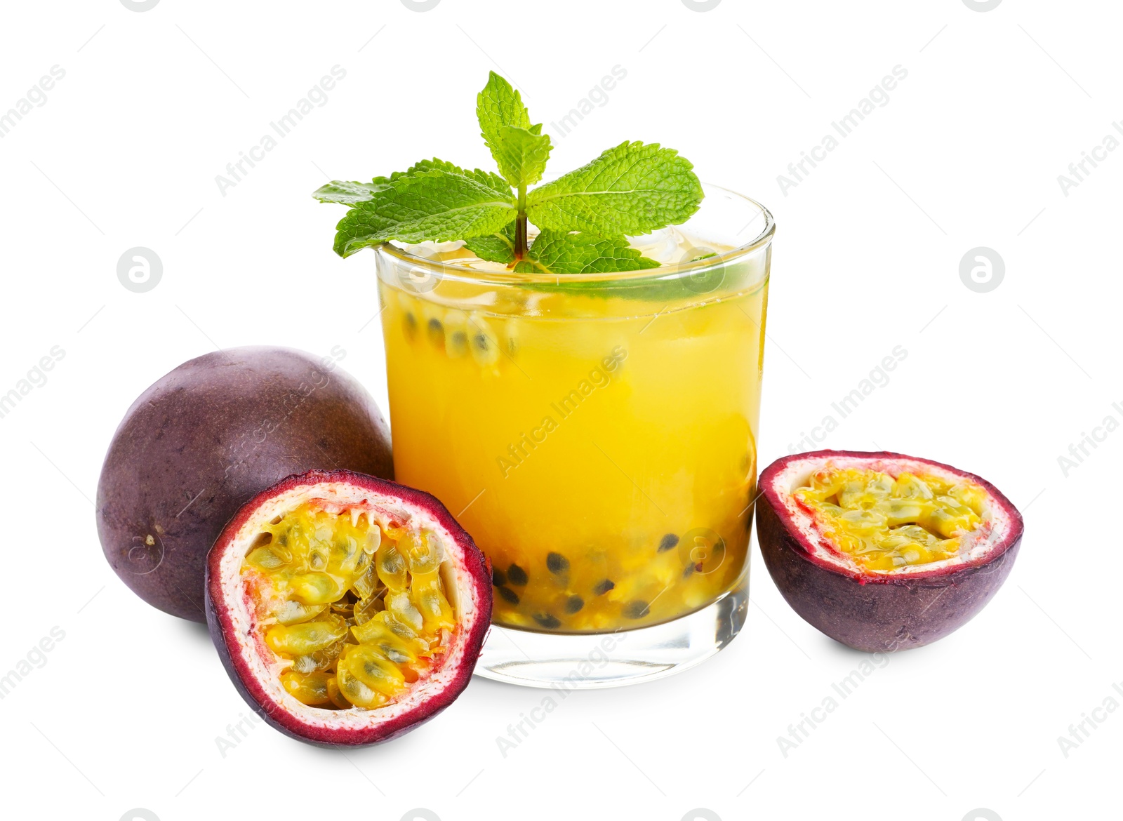 Tasty passion fruit drink with mint and fresh fruits isolated on white Photo of Tasty passion fruit drink with mint and fresh fruits isolated on white