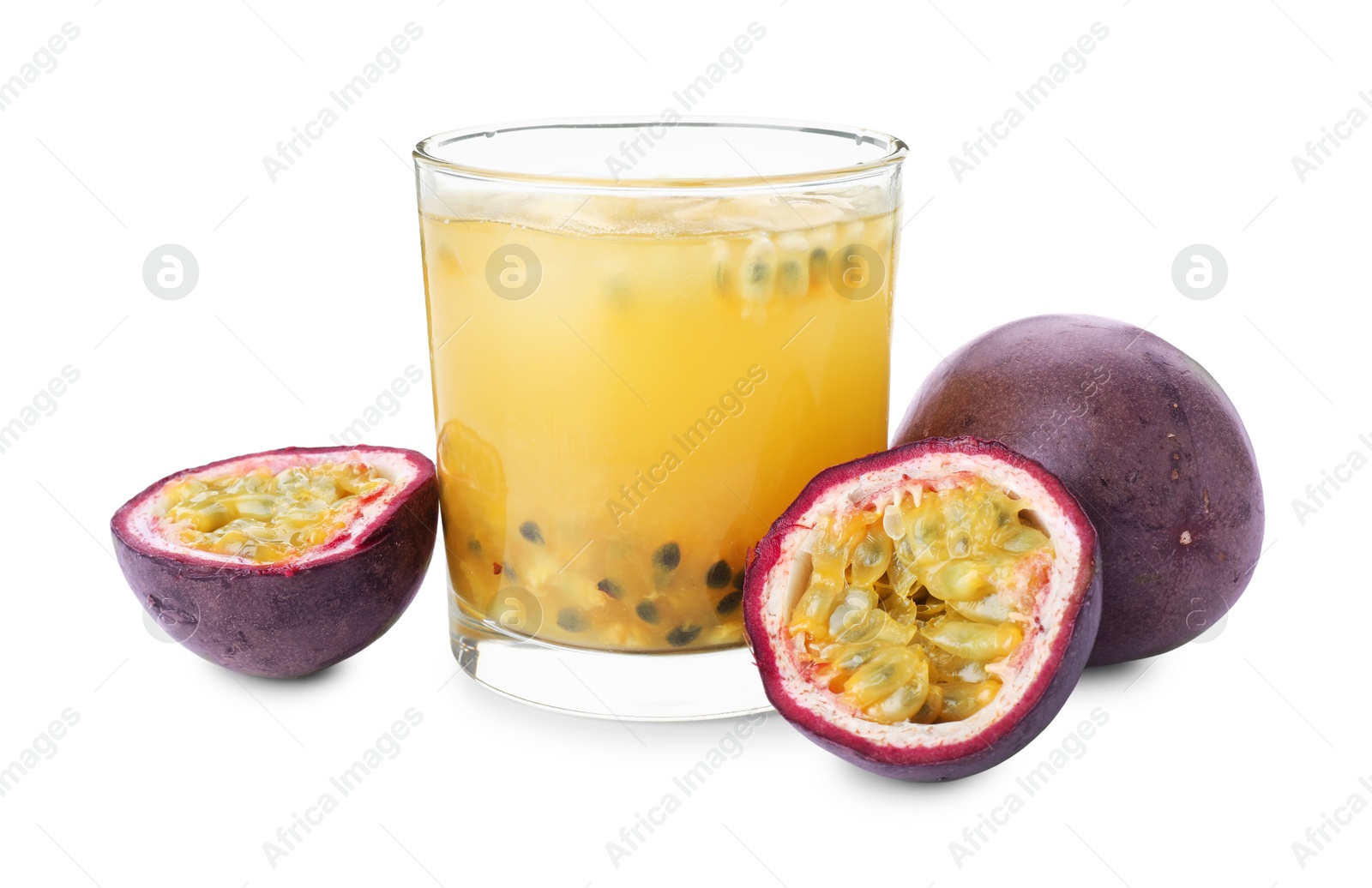 Tasty passion fruit drink and fresh fruits isolated on white Photo of Tasty passion fruit drink and fresh fruits isolated on white