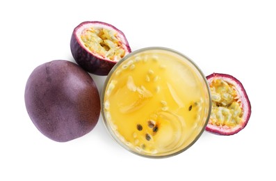 Photo of Tasty passion fruit drink and fresh fruits isolated on white, top view
