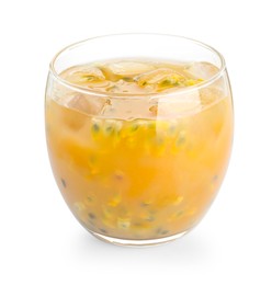 Photo of Tasty passion fruit drink isolated on white