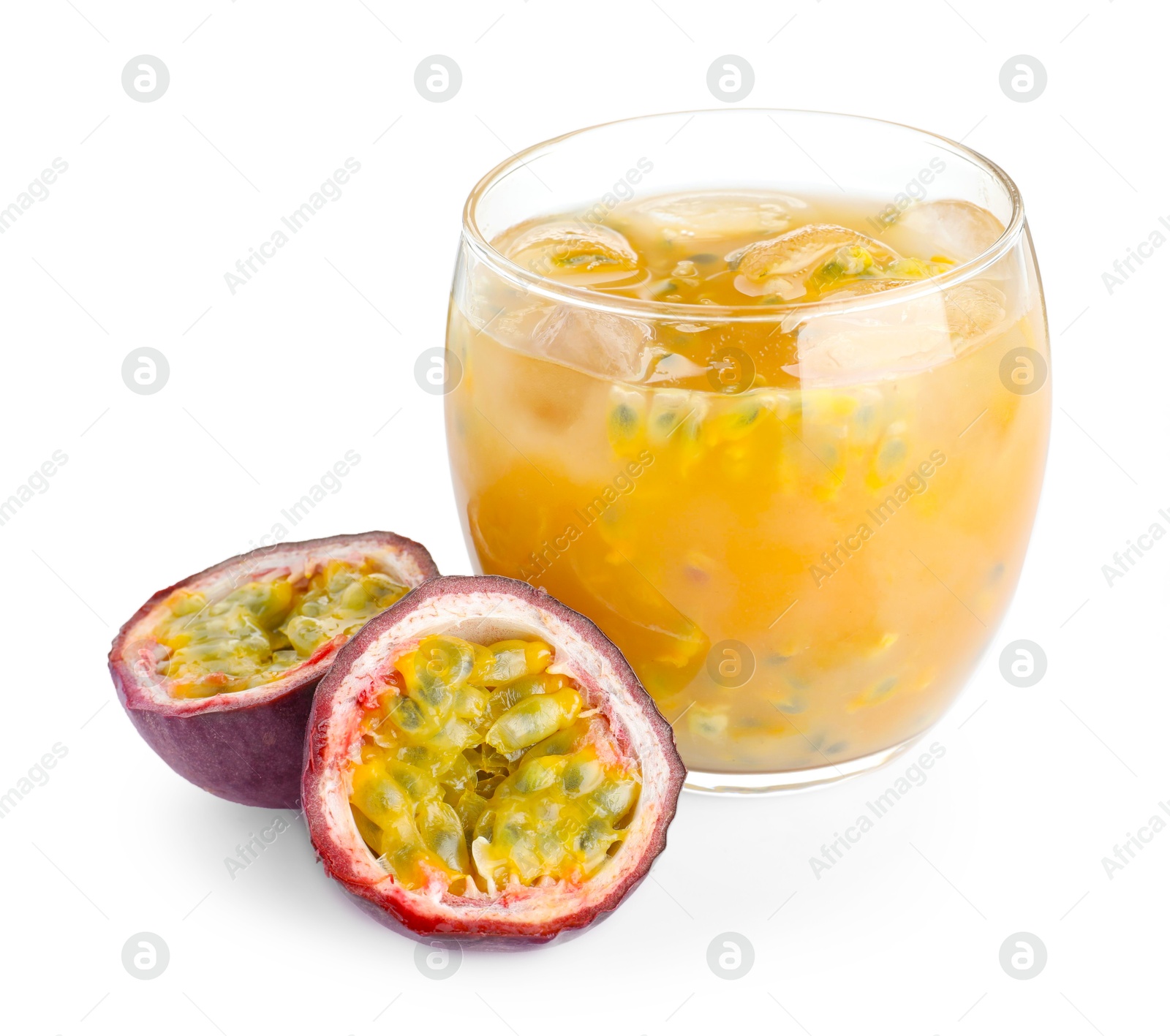 Photo of Tasty passion fruit drink and fresh fruits isolated on white