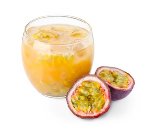 Photo of Tasty passion fruit drink and fresh fruits isolated on white