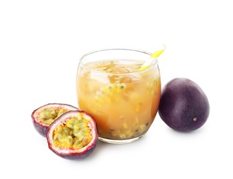 Photo of Tasty passion fruit drink and fresh fruits isolated on white