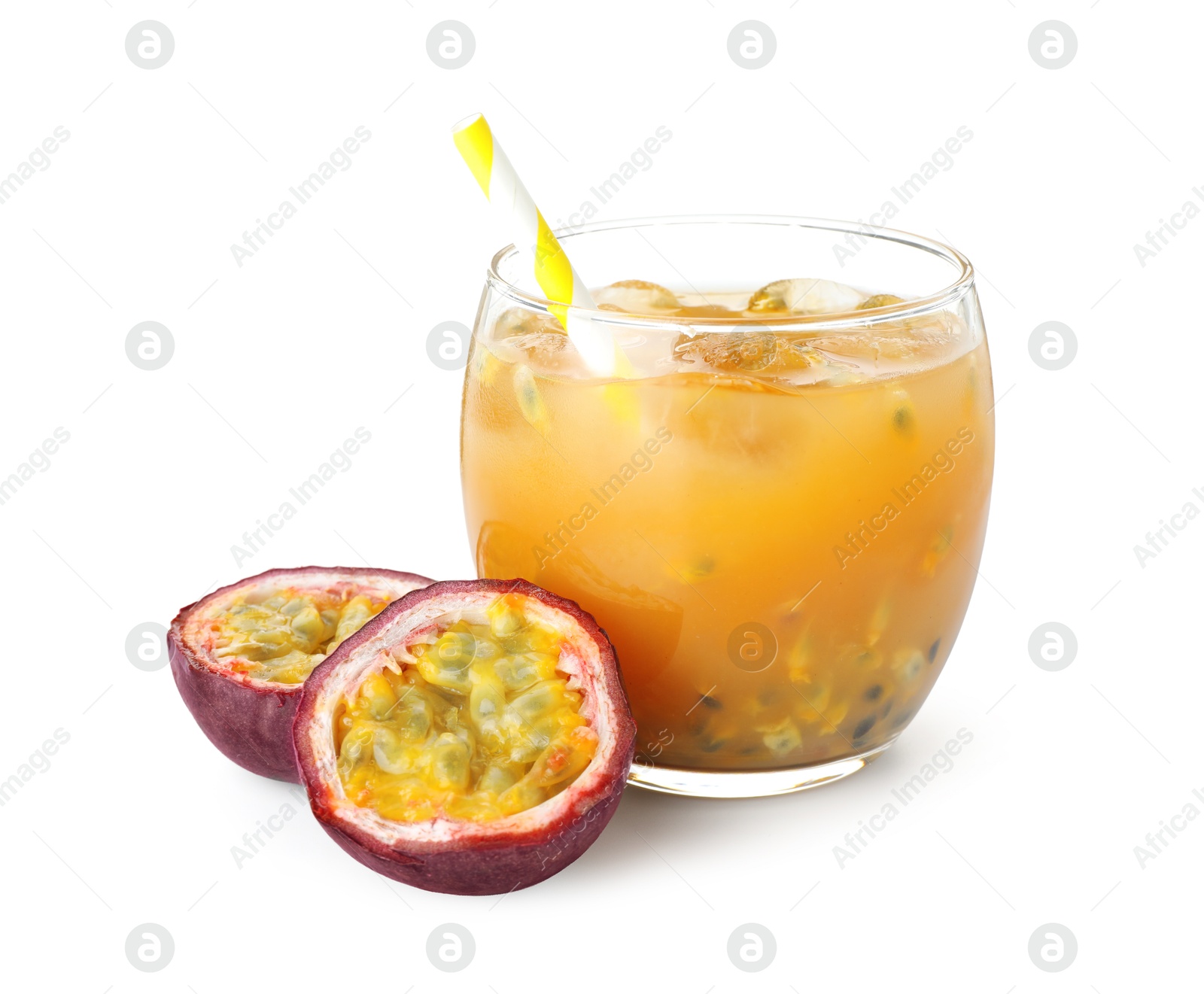 Photo of Tasty passion fruit drink and fresh fruits isolated on white