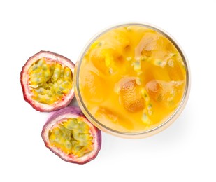 Photo of Tasty passion fruit drink and fresh fruits isolated on white, top view