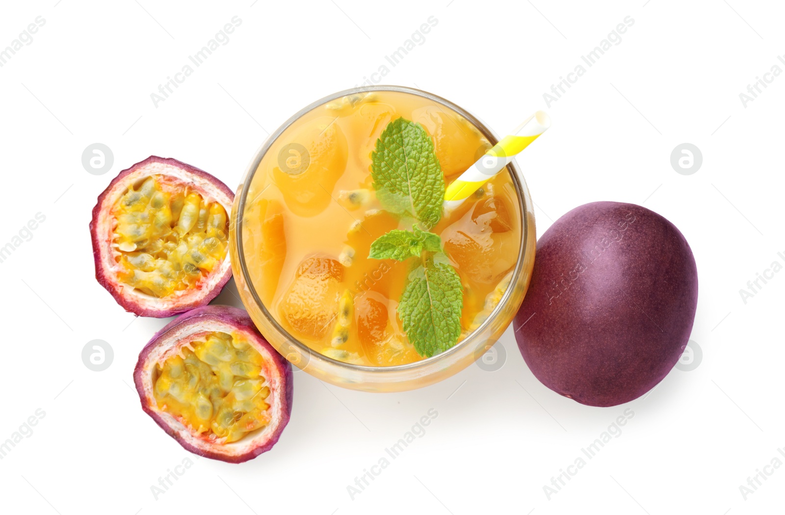 Tasty passion fruit drink with mint and fresh fruits isolated on white, top view Photo of Tasty passion fruit drink with mint and fresh fruits isolated on white, top view