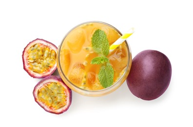 Photo of Tasty passion fruit drink with mint and fresh fruits isolated on white, top view