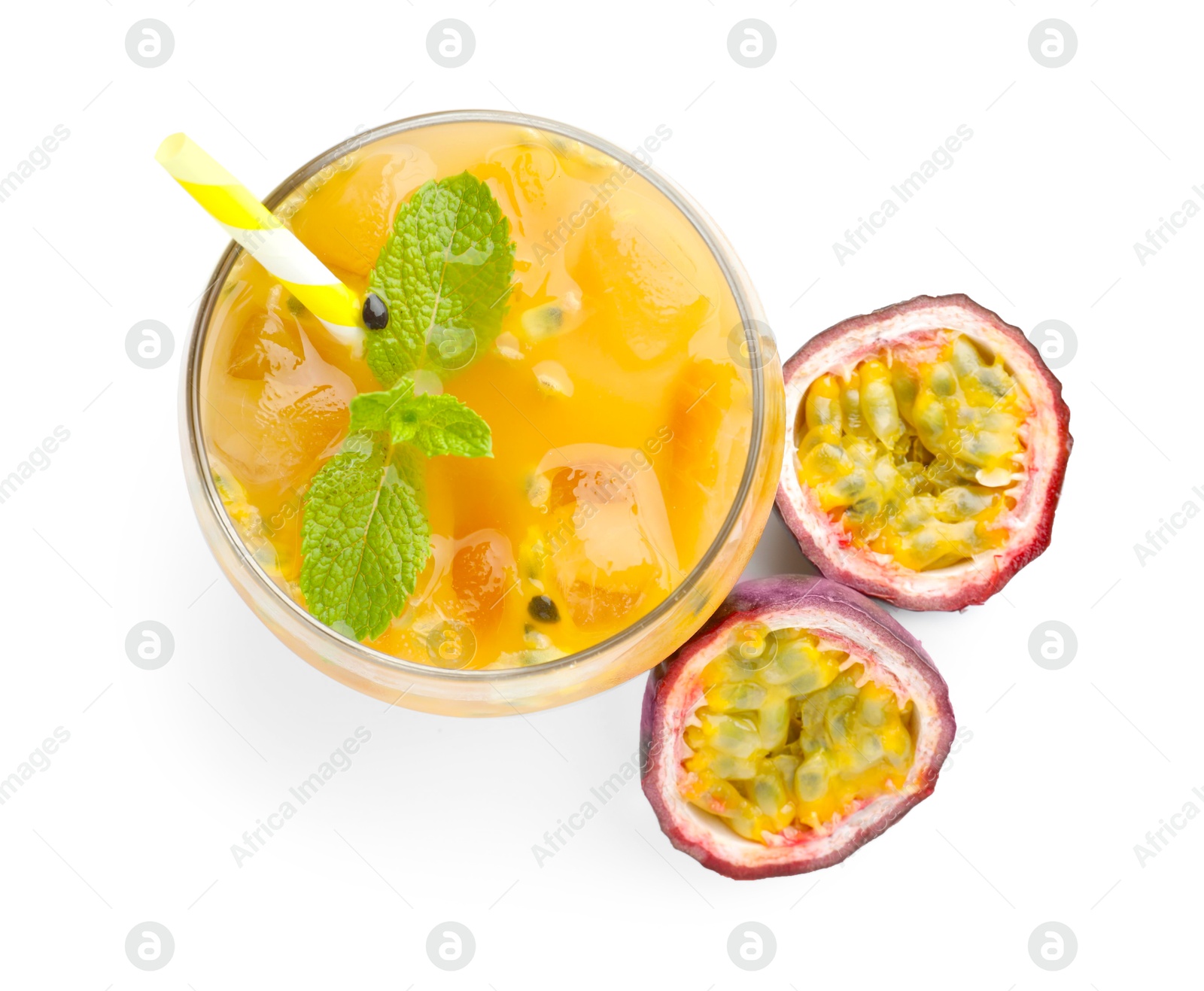 Tasty passion fruit drink with mint and fresh fruits isolated on white, top view Photo of Tasty passion fruit drink with mint and fresh fruits isolated on white, top view