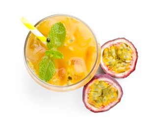 Photo of Tasty passion fruit drink with mint and fresh fruits isolated on white, top view