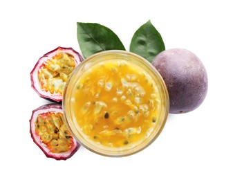 Photo of Tasty passion fruit drink and fresh fruits isolated on white, top view