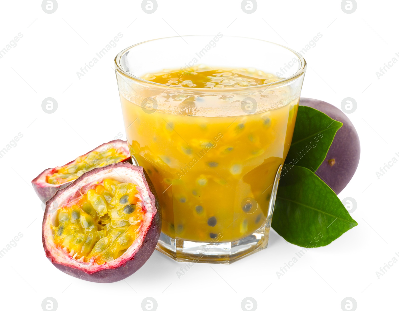 Tasty passion fruit drink and fresh fruits isolated on white Photo of Tasty passion fruit drink and fresh fruits isolated on white