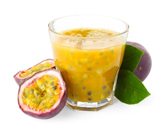 Photo of Tasty passion fruit drink and fresh fruits isolated on white