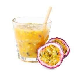 Photo of Tasty passion fruit drink and fresh fruits isolated on white