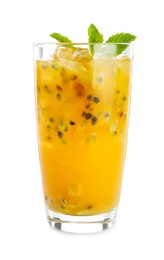 Photo of Tasty passion fruit drink with mint isolated on white