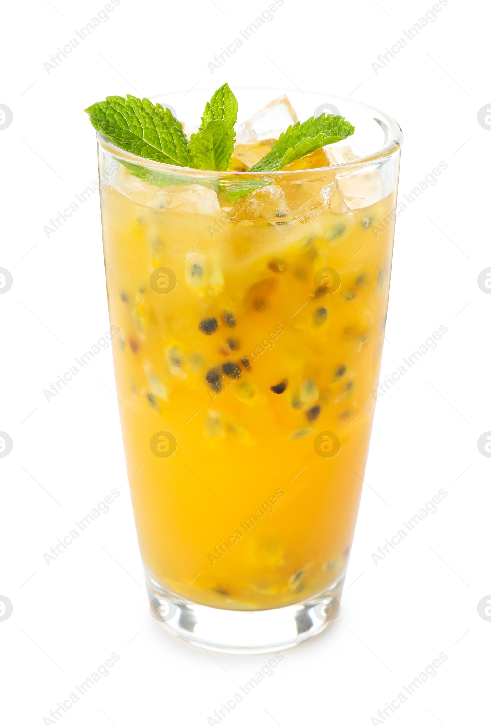 Tasty passion fruit drink with mint isolated on white Photo of Tasty passion fruit drink with mint isolated on white