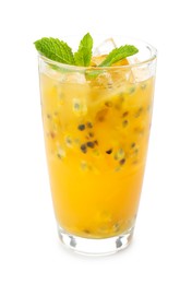 Photo of Tasty passion fruit drink with mint isolated on white