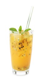 Photo of Tasty passion fruit drink with mint isolated on white