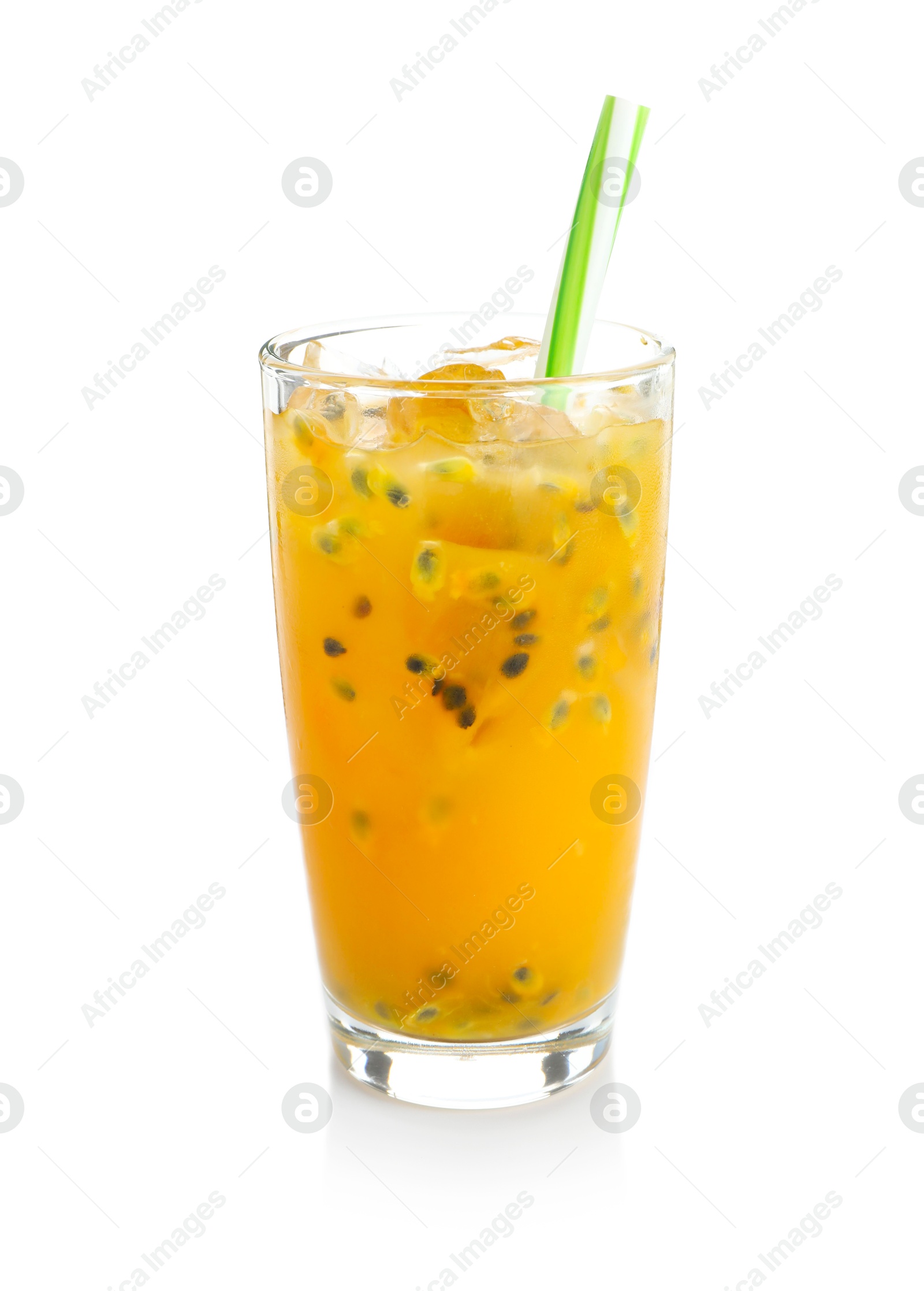 Photo of Tasty passion fruit drink isolated on white