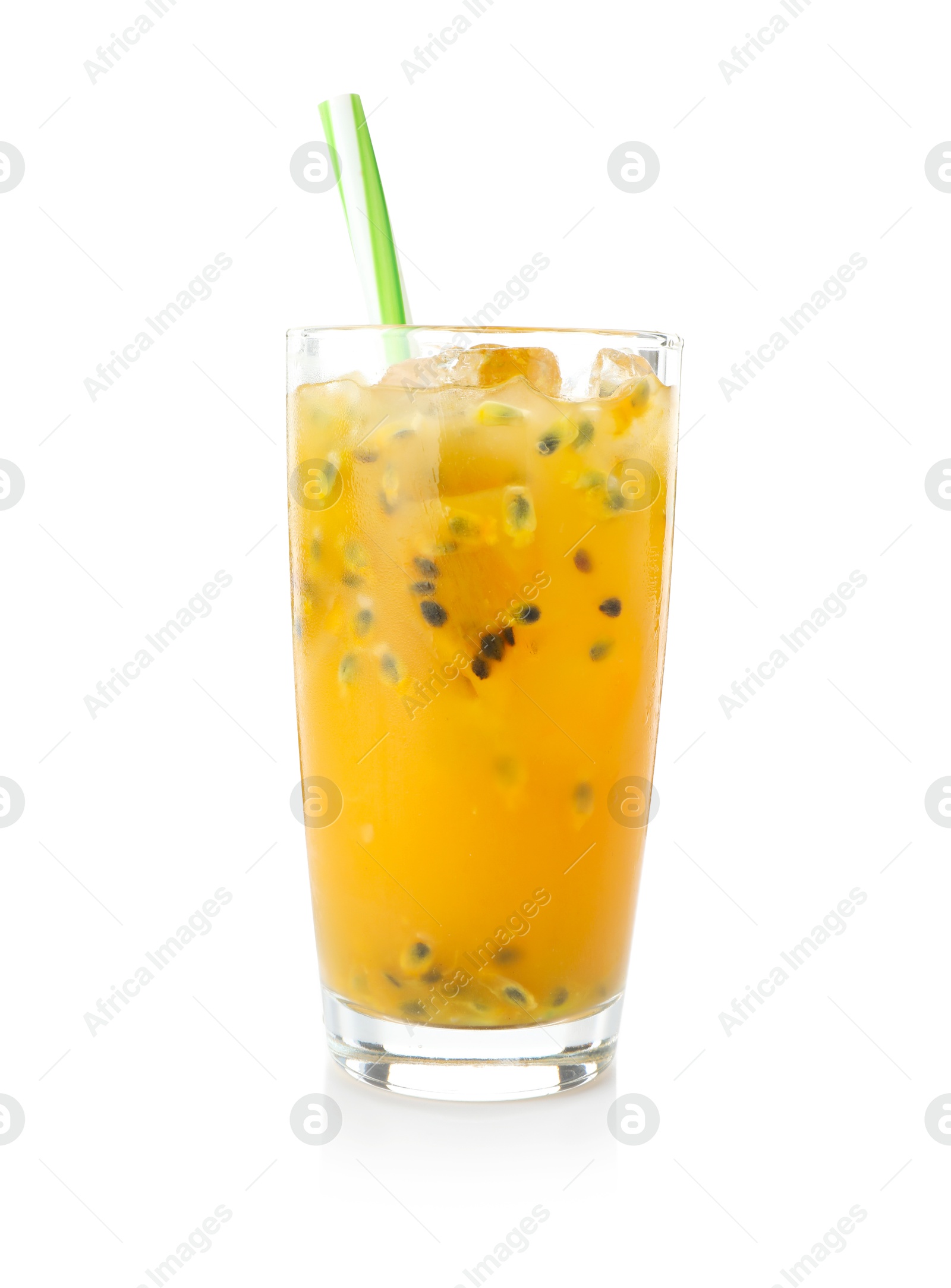 Photo of Tasty passion fruit drink isolated on white