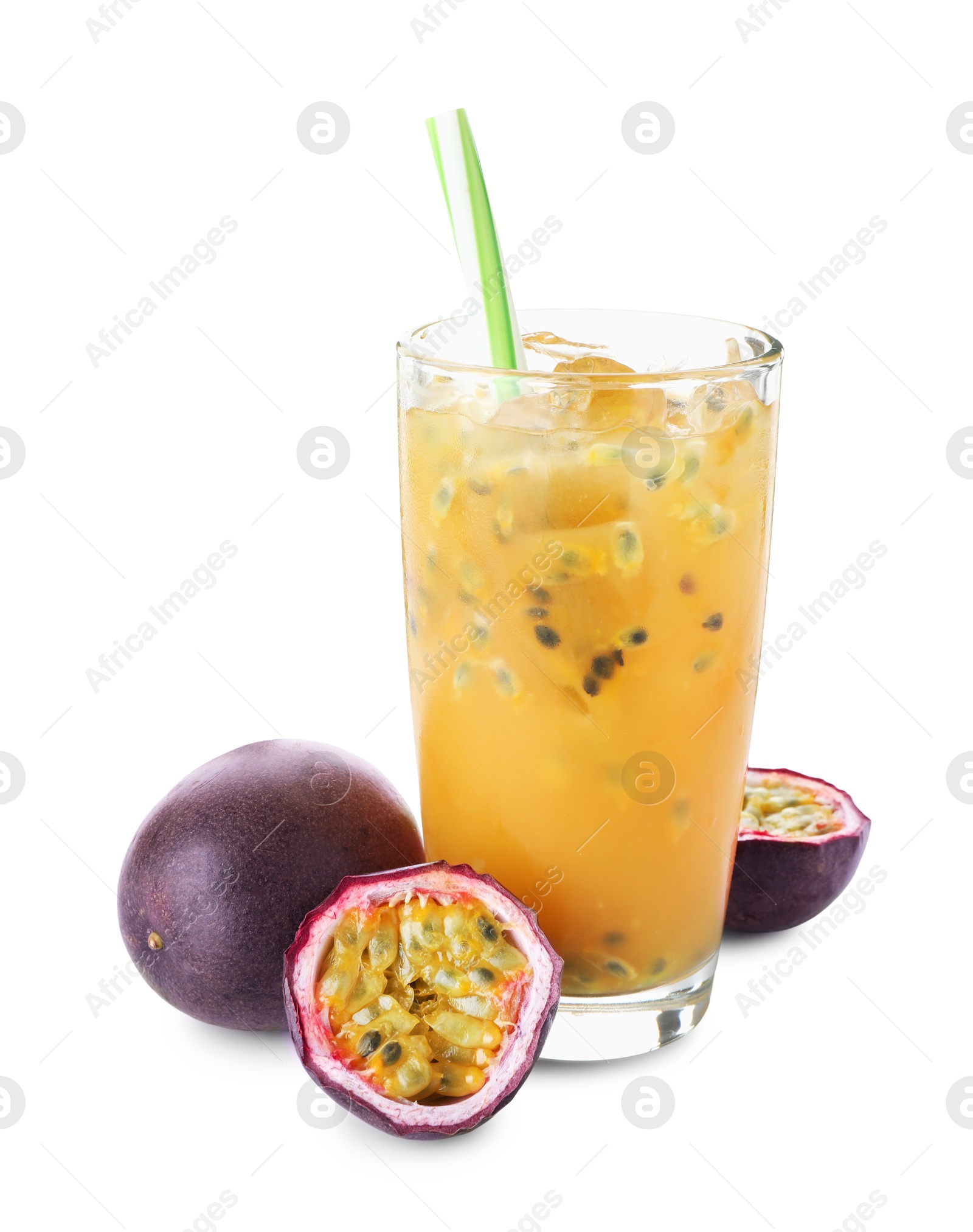 Photo of Tasty passion fruit drink and fresh fruits isolated on white