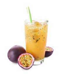 Photo of Tasty passion fruit drink and fresh fruits isolated on white