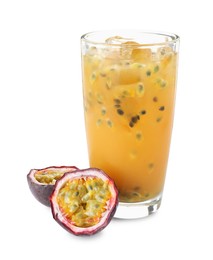 Photo of Tasty passion fruit drink and fresh fruits isolated on white