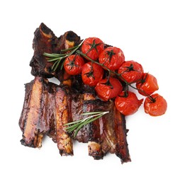 Photo of Roasted beef ribs with rosemary and tomatoes isolated on white, top view