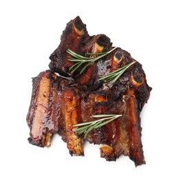 Photo of Roasted beef ribs with rosemary isolated on white, top view