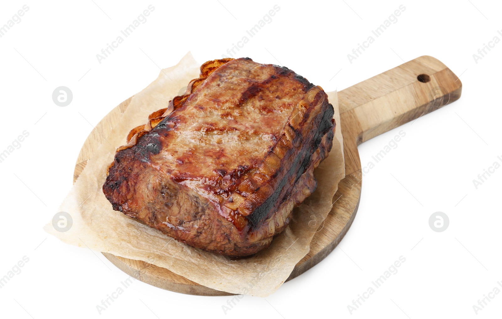 Photo of Piece of delicious roast beef isolated on white
