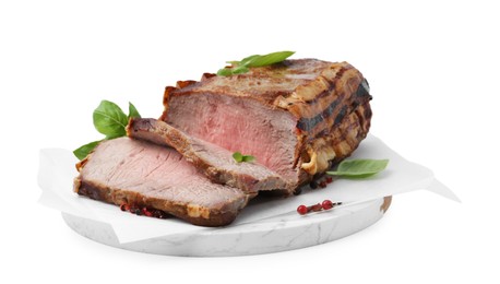 Photo of Delicious baked beef meat and spices isolated on white