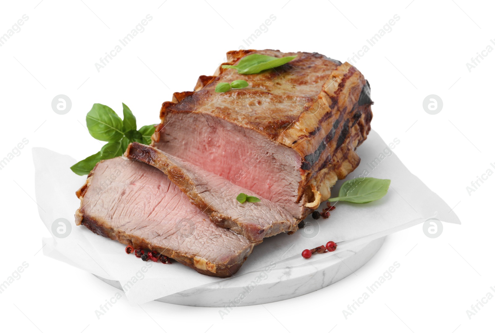 Photo of Delicious baked beef meat and spices isolated on white