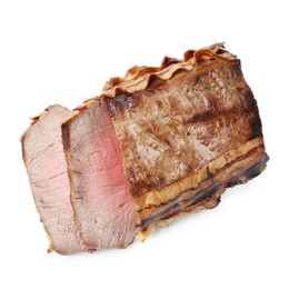 Photo of Delicious baked beef meat isolated on white, top view