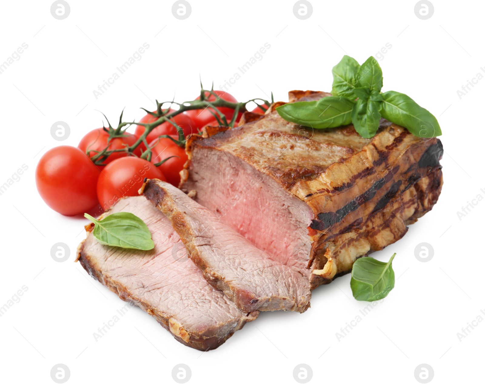 Photo of Delicious baked beef meat, tomatoes and basil isolated on white