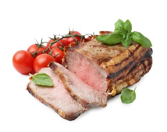 Photo of Delicious baked beef meat, tomatoes and basil isolated on white