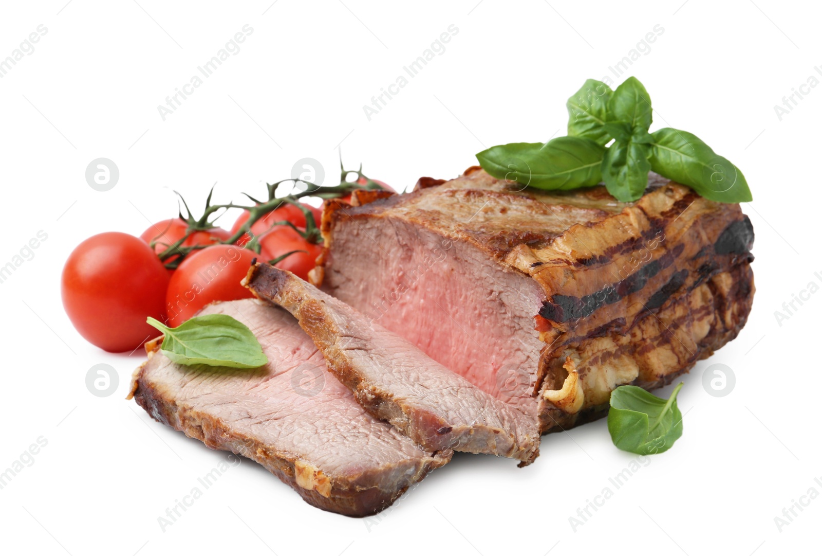 Photo of Delicious baked beef meat, tomatoes and basil isolated on white