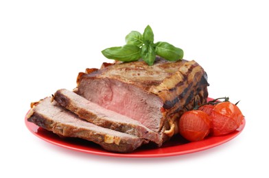 Photo of Delicious baked beef meat, tomatoes and basil isolated on white
