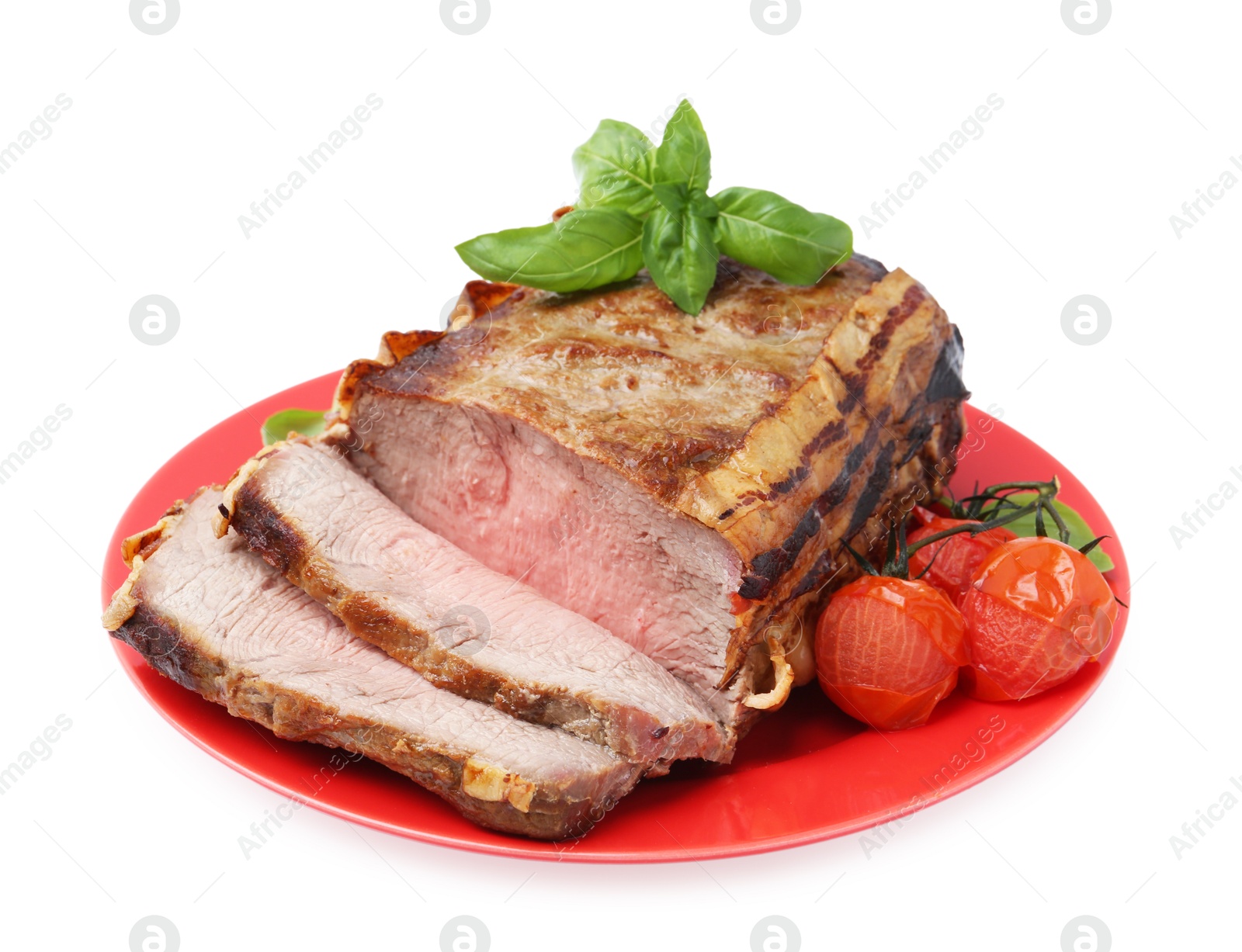Photo of Delicious baked beef meat, tomatoes and basil isolated on white