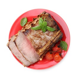 Photo of Delicious baked beef meat, tomatoes and basil isolated on white, top view